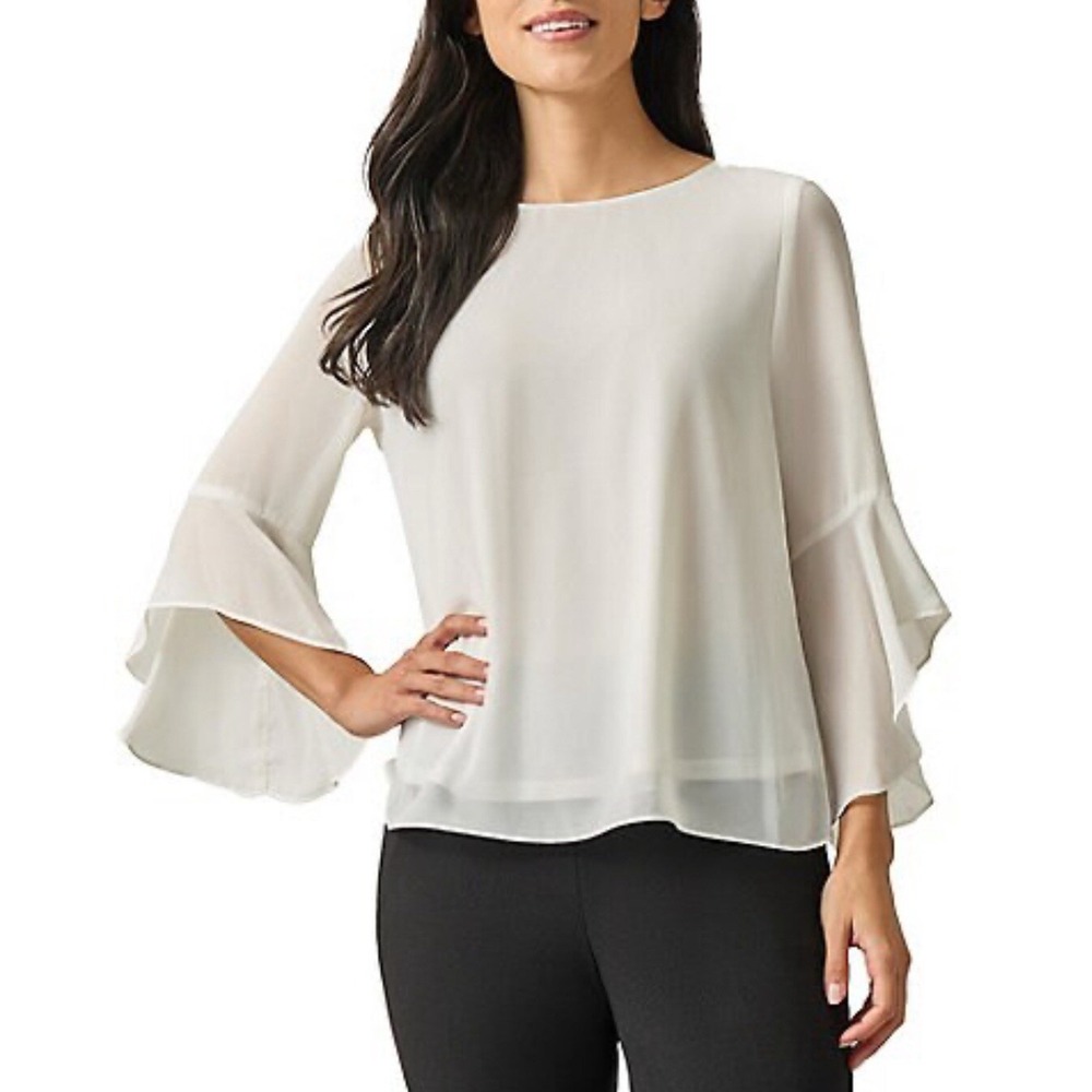 Caren Forbes Women's White Top Long Sleeve Ruffles Blouse Sz L Career Party Boho